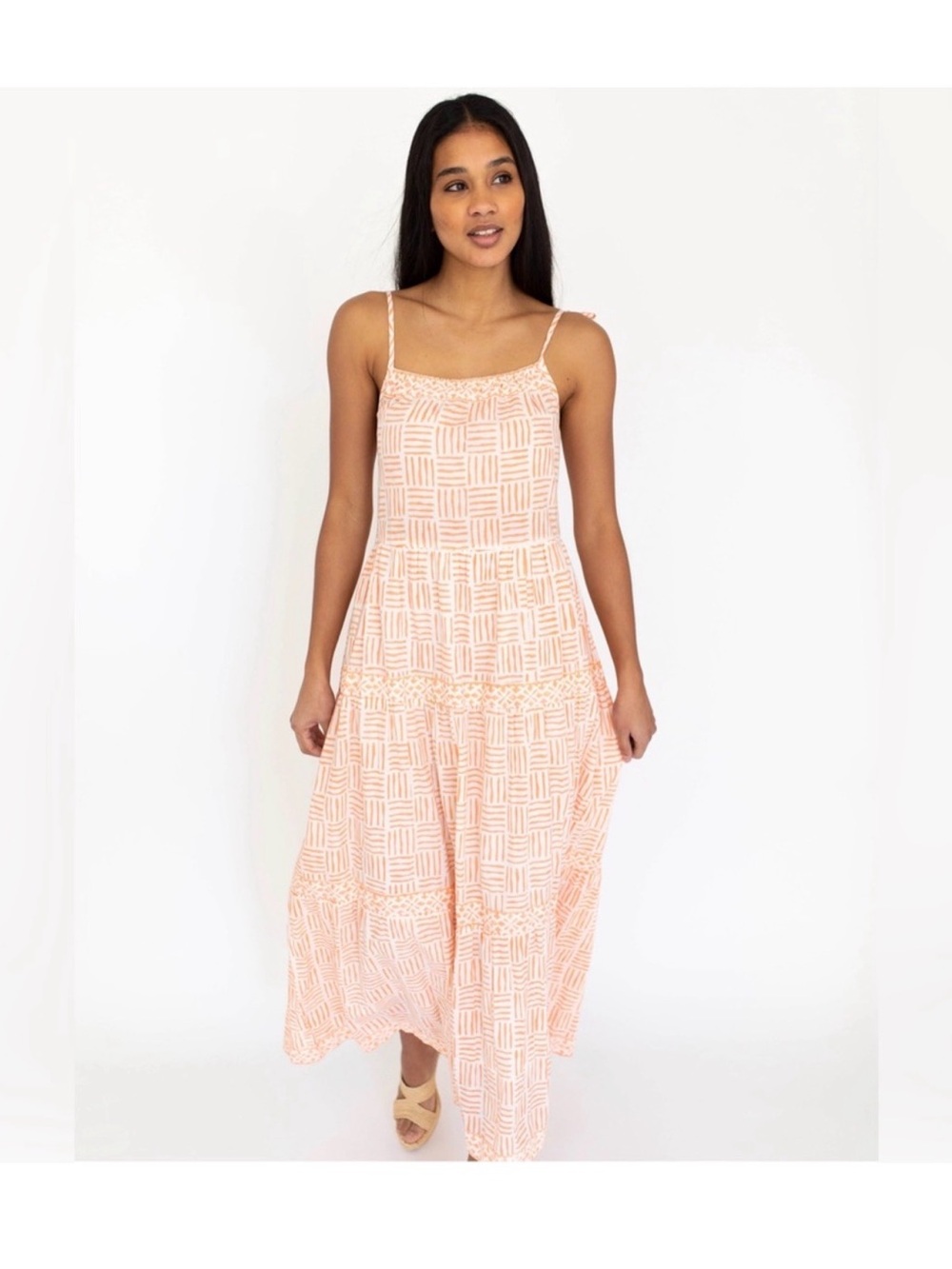 MAREA | Veranda Sleeveless Printed Maxi Dress in Melon/White, Size large